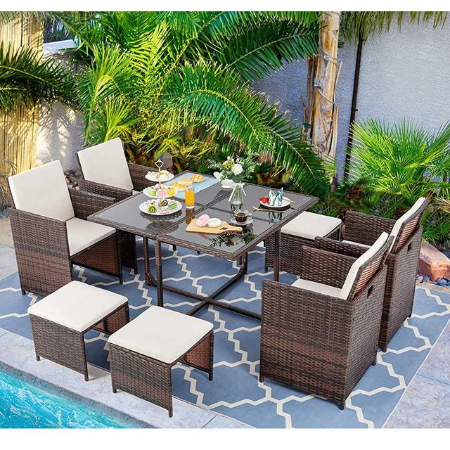 Vongrasig 9 Piece Small Patio Dining Set, Outdoor Space Saving PE Wicker Dining Furniture Set, Glass Patio Dining Table with Cushioned Wicker Chairs and Ottoman Sets for Lawn, Garden, Backyard (Brown)