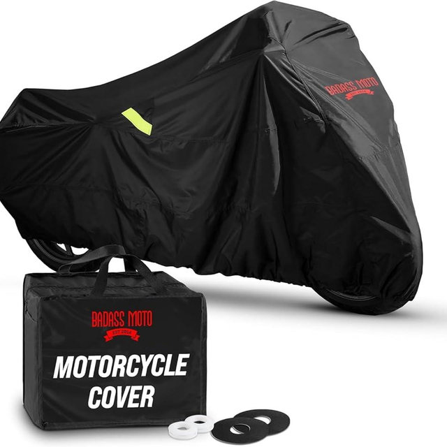 Badass Moto Ultimate Motorcycle Cover Waterproof Outdoor Heavy Duty Durable All Season Storage Harsh Weather Sun Rain Cover fits Harley Davidson Street Glide, Vulcan, Shadow, Cruiser Bikes. Large 97L