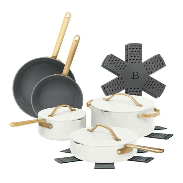 Pans 12pc Ceramic Non-Stick Cookware Set by Drew Barrymore, Pots & Pans with Lids, Dishwasher‑Safe,Soft‑Touch Handles, Even‑Heat Base.
