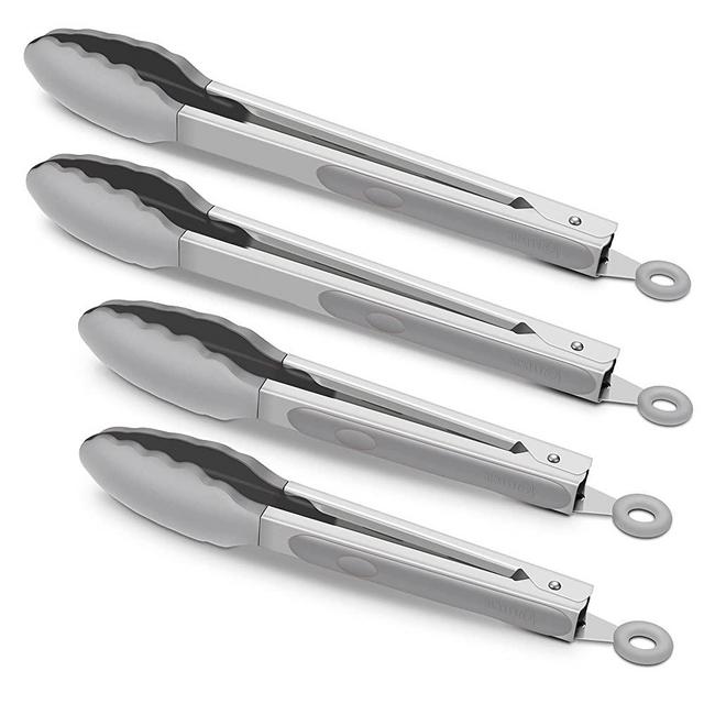 4 Pack Grey Kitchen Tongs, Premium Silicone BPA Free Non-Stick Stainless Steel BBQ Cooking Grilling Locking Food Tongs, 9-Inch & 12-Inch