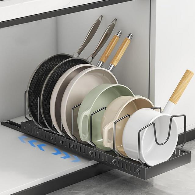 Enskatec Expandable Pots and Pans Organizer Under Cabinet, Sliding Pot Lid Holder and Pan Rack in Kitchen, Pull out Kitchen Cabinet Storage, with 10 Adjustable Dividers