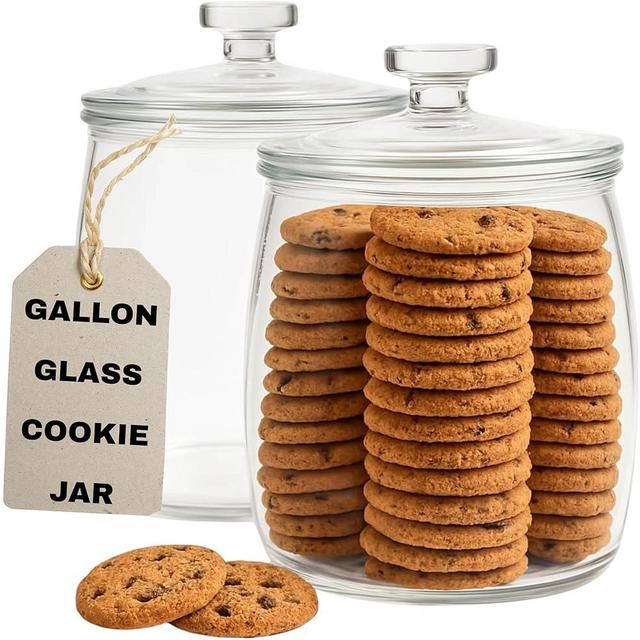 kitchentoolz 1 Gallon Glass Cookie Jar with Lid – Set of 2 Large Glass Jars with Lids for Cookies, Candy, Flour, Sugar, Pet Treats – Clear Glass Canisters for Food Storage - Pack of 2
