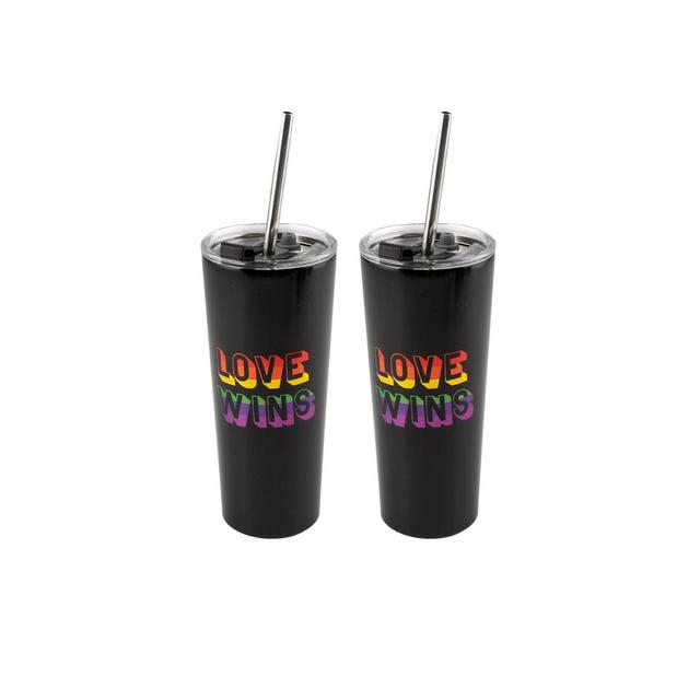 Double Wall 2 Pack of 24 oz Black Straw Tumblers with Metallic "Love Wins" Decal