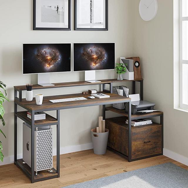 Sedeta Computer Desk with Hutch and Storage Shelves, 66'' Large Home Office Desk with File Drawer, Printer Cabinet and Monitor Shelf, Computer Table Study Writing Desk Workstation, Rustic Brown