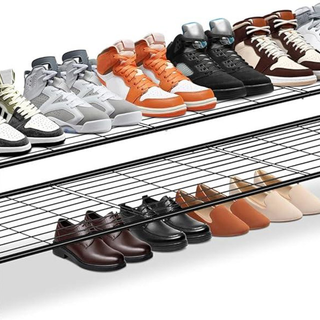 KEETDY 2-Tier Long Shoe Organizer for Closet Metal Shoe Rack for Entryway, Wide Stackable Shoe Shelf Storage with Sturdy Wire Grid for Closet Floor, Bedroom, Black