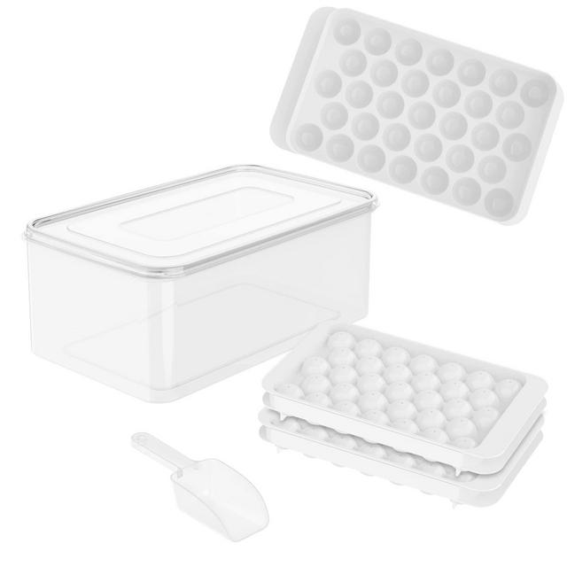 Round Ice Cube Tray with Lid Ice Ball Maker Mold for Freezer with Container Mini Circle Ice Cube Tray Making 66PCS Sphere Ice Chilling Cocktail Whiskey Tea Coffee(2 White Trays 1 ice Bucket Scoop)