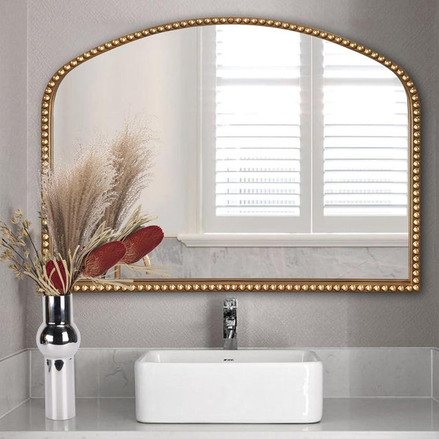 ironsmithn Wall Mirror Mounted Decorative Long Hanging Arched Traditional Vintage Ornate Baroque Beaded Frame Wall-Mounted Decor for Washroom, Bedroom, Living Room, Entryway, Antique Gold (28 * 36)