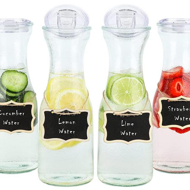 Glass Carafe Water Pitcher Mimosa, [1 Liter / 33 fl. oz.] [Pack of 4 Bottles]– Beverage for Mimosa Bar, Brunch, Cold Water, Juice, Milk, Iced Tea, Lemonade, Drinks, with Airtight Lids & Leak Proof Cap