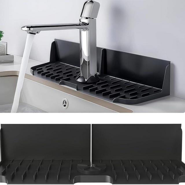 HZHZMOR Silicone Kitchen Sink auto Drain Organizer, Kitchen countertop and Sink Splash Guard.Kitchen Sponge Rack and organizing Shelf，Suitable for Cleaning Tools, dispensers, Bottles, Cups (Black)