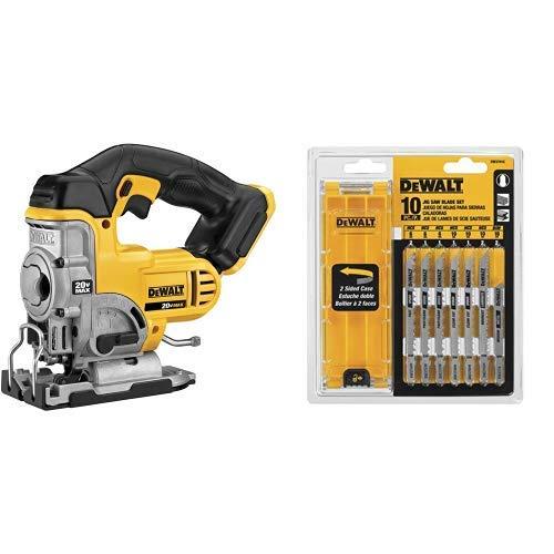 DEWALT DCS331B 20-Volt MAX Li-Ion Jig Saw (Tool Only), Yellow with DEWALT DW3741C 10-Piece T-Shank Jig Saw Blade Set w/Case