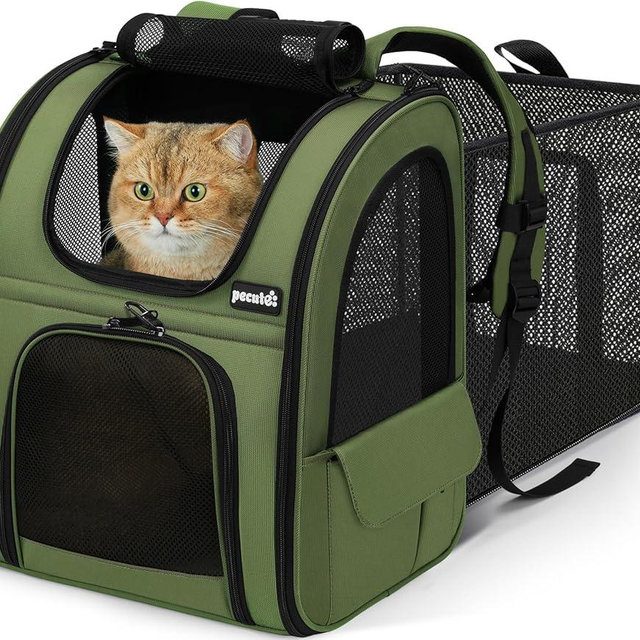 Pecute Expandable Cat Backpack Carrier, Backpack for Cats & Small Dogs Up to 11lbs, with 4-Side Breathable Mesh, Multi-Entry & Lockable Zippers for Travel, Hiking, Camping - Hands Free, Green