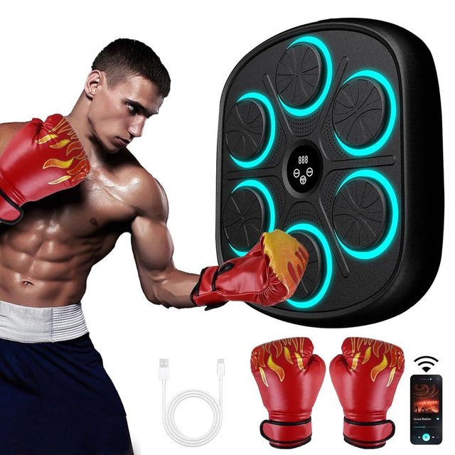Baswip New Smart Music Boxing Machine with Boxing Gloves, Bluetooth Training Machine with LED Electronic Wall Mounted, Electronic Focus Agility Training Digital Boxing for Kids and Adults