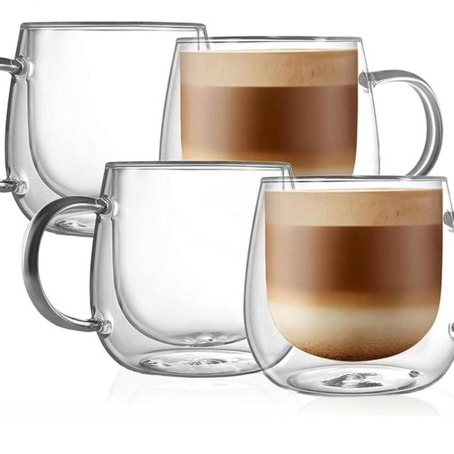 CNGLASS 16oz Double Walled Glass Coffee Mugs(4-pack),Large Clear Coffee Cups with Handle,Glass Espresso Mugs for Latte,Cappuccino,Tea