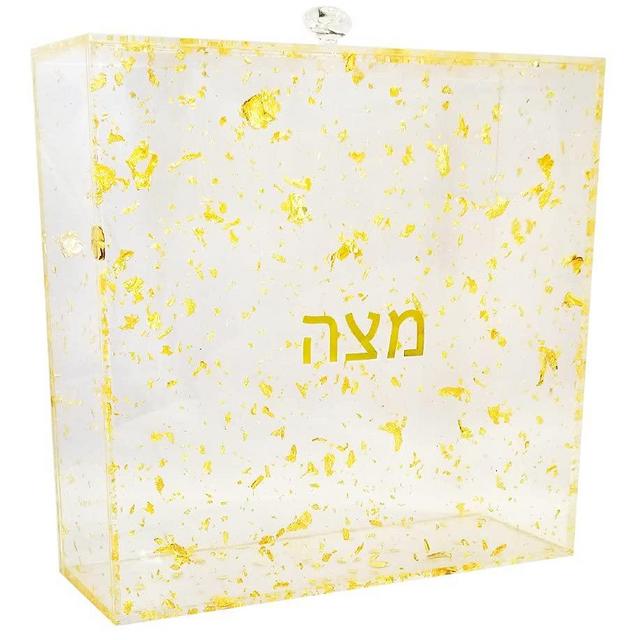 Judaica Place Lucite Square Matzah Box for Passover - Gold Colored Flakes Design Matzah Holder for Seder Table - Size 8 Inches
