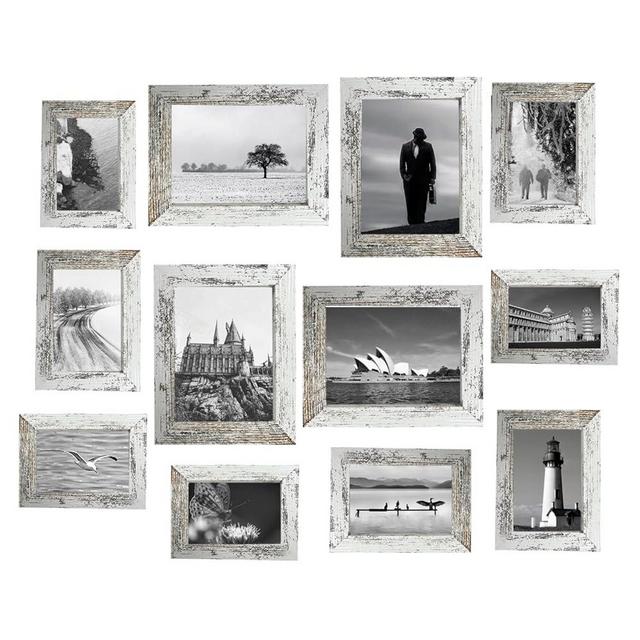 12 Pack Picture Frames Collage Wall Decor Gallery Wall Frame Set with Four 8x10,Four 5x7,Four 4x6 Photo Frames,Farmhouse wood Frames for living room Wall Gallery Decor or Tabletop Display,Rustic White