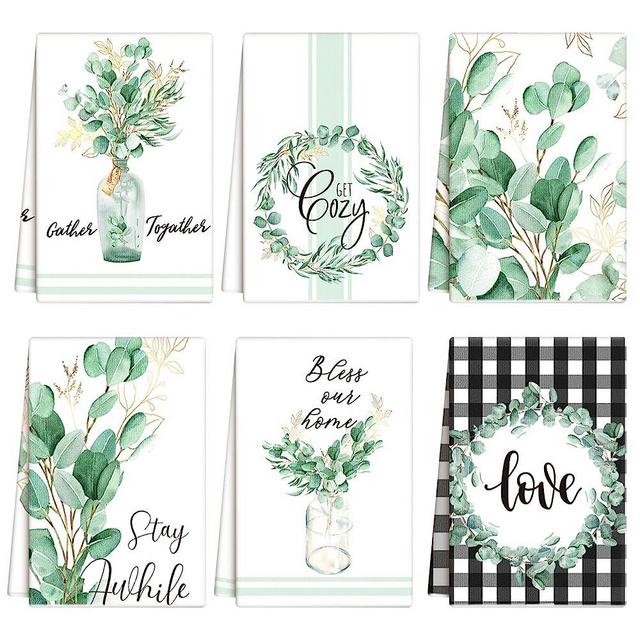 6 Pieces Eucalyptus Leaves Wreath Kitchen Dish Towel 18 x 28 Inches Eucalyptus Leaves Summer Kitchen Towels Hand Towel Drying Baking Cooking Cloth, Green Buffalo Plaid Summer Seasonal Kitchen Decor
