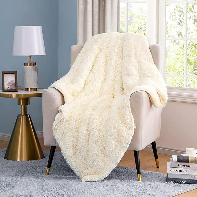 joybest Faux Fur Weighted Blanket Oeko-Tex Standard 100 Certified Sherpa Fleece 15 Pounds 48x72 Inches Full/Twin Size Heavy Weighted Blanket with Premium Glass Beads, Light Beige