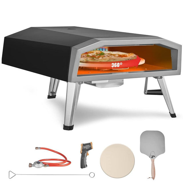 VEVOR Gas Outdoor Pizza Oven, 16-inch Propane Pizza Ovens with Auto Rotatable Stone, Large Portable Pizza Maker for Outside BackYard Camp, Waterproof Bag, Peel, IR Thermometer, CSA Certified, Black