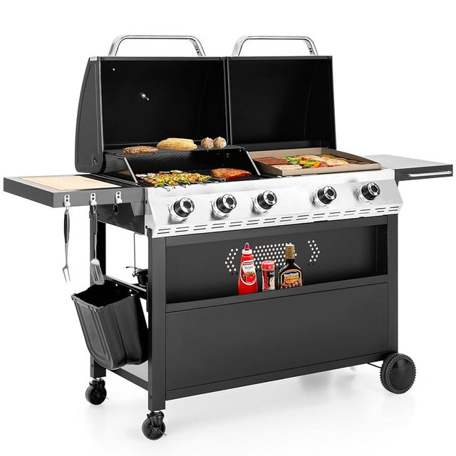 5 Burner Griddle Grill Combo, 2 in 1 Propane Gas BBQ Grill with Porcelain-Enameled Cast Iron Grates & Pan, Outdoor Flat Top Grill, 695 Sq. In. Propane Barbecue Grill for Camping Patio Backyard Balcony
