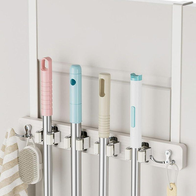 HULISEN Broom Holder Door Mount, Over the Door Broom and Mop Holder with 0.6" Thick Pads, Wood Mop Organizer Tool Hanger with 4 Racks & 2 Hooks for Laundry Cabinet Kitchen Garage, No Drills