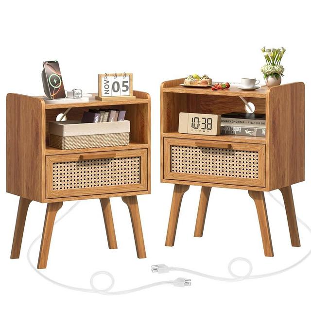 Lerliuo Rattan Nightstands Set of 2 with Charging Station, Side Table with Drawer, Cane Accent Bedside End Table with Solid Wood Legs, Night Stand for Bedroom, Dorm and Small Spaces (Tea Brown)