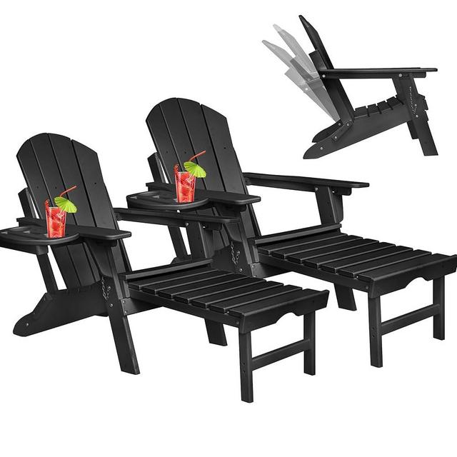 NAVINE Adjustable Adirondack Chair Set of 2 with Ottoman, Folding Adirondack Chair, HDPE Adirondack Chair with 4 in 1 Cup Holder Trays for Deck, Terrace, Patio, Poolside, Fire Pit. (Black)