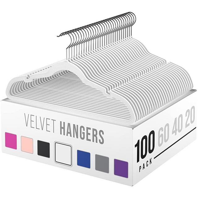 Velvet Clothes Hangers (20, 40, 60, 100 Packs) Heavy Duty Durable Coat and Clothes Hangers | Vibrant Color Hangers | Lightweight Space Saving Laundry Hangers (100 Pack - White)