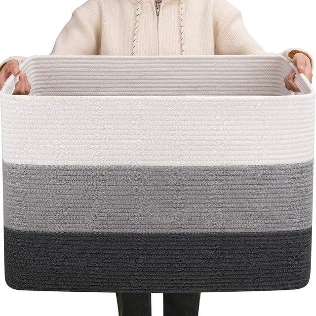 OIAHOMY 108L Super Large Blanket Basket, 25”x16”x16” Rectangle Woven Baskets for Storage, Cotton Rope Basket For Living Room, Toy Storage with Handle- Gradient Dark Grey