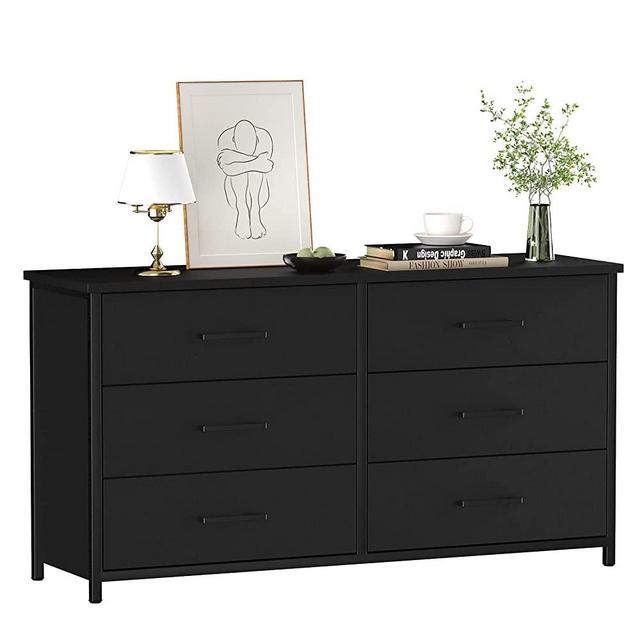 IKENO 6 Drawer Double Dresser, Industrial Wood Dresser for Bedroom, Sturdy Steel Frame