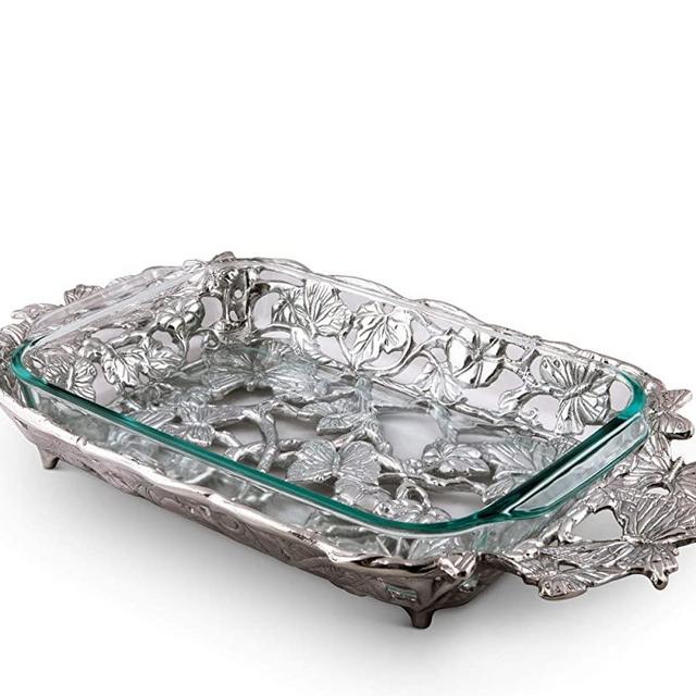 Arthur Court Metal Pyrex Glass Casserole Dish Holder Butterfly Pattern Sand Casted in Aluminum with Artisan Quality Hand Polished Design Tanish-Free Spring Flower 21 inch long, 3 quart capacity