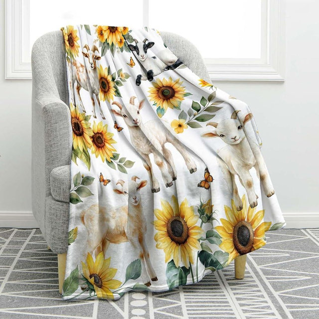 Jekeno Sheep Sunflower Floral Blanket Flower Gifts for Women Kids Girls Mom Wife Men Boys Birthday Christmas Halloween Easter Presents Home Bedroom Living Room Bed Sofa Decor Plush Throw 50"x60"