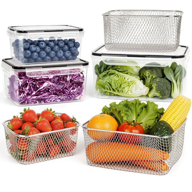 3 PCS Large Fruit storage Containers for Fridge - Leakproof Food Storage Containers with Stainless Steel Colander - Dishwasher safe Produce Containers Keep Fruits, Vegetables, Berry, Meat Fresh longer