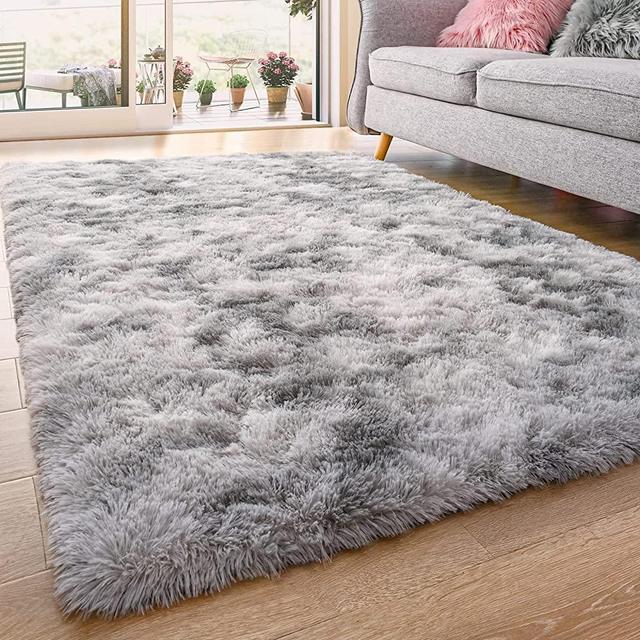 QXKAKA Soft Shaggy Fuzzy Carpet for Bedroom, 4X6 Non-Slip Washable Thick Fluffy Shag Area Rug for Boys Kids Room, Cozy Luxury Plush Rugs for Living Room, Tie Dye Grey Furry Rug Modern Home Decor