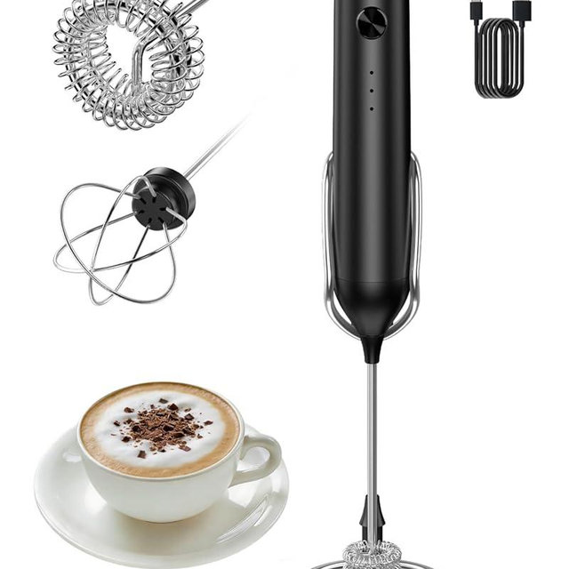 Rechargeable Milk Frother Handheld, Electric Whisk with 3 Speeds, Hand Drink Mixer with 2 Heads, Portable Coffee Frother Wand Handheld for Coffee, Lattes, Cappuccino, Eggs (Black)