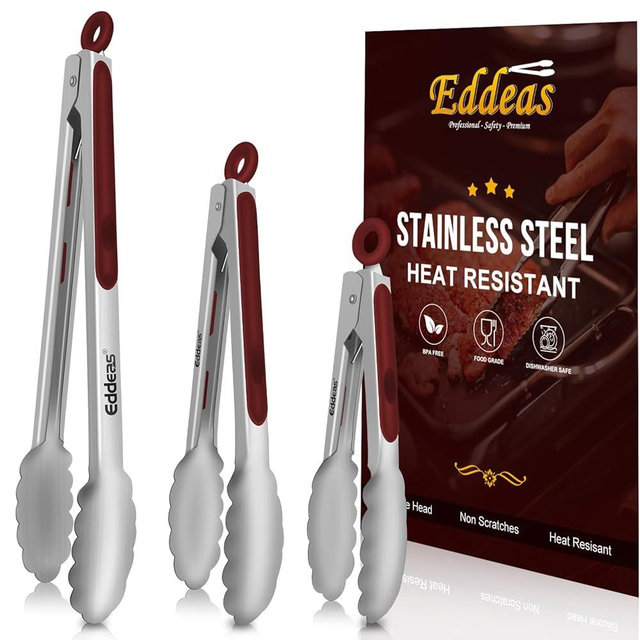 Eddeas Tongs For Cooking - 7",9" and 12 inch Kitchen Tong Heat Resistant 600 Degrees Stainless Steel Tongs, Heavy Duty Metal Locking Tongs - Perfect for Food, BBQ Red Set of 3