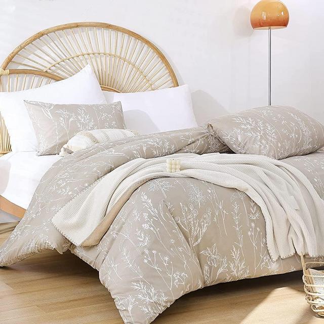 JANZAA 3 Pieces Duvet Covers Queen Size Floral Duvet Cover White Botanical Printed on Oatmeal Duvet Cover Soft Bed Cover with Zipper Closure 4 Ties (2 Pillow Cases)