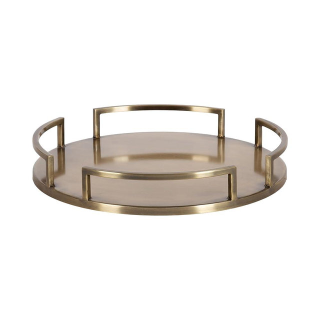 Kate and Laurel Gohana Round Tray with Metal Handles, 16 Inch Diameter, Antique Brass, Modern Glam Serving Tray with Handles for Use as Ottoman Topper or Living Room Decor