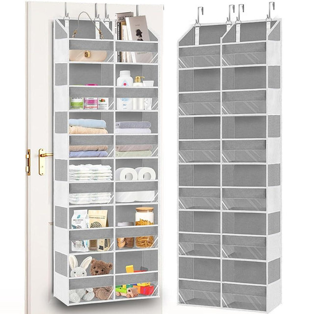 Over The Door Organizer 6 Tiers, Extra Large Behind Door Storage of 12 Compartments, 80 lbs Weight Capacity Hanging Storage Organizer with Clear Window Kids Toys,Shoes,Diapers,Room Storage,Light Grey