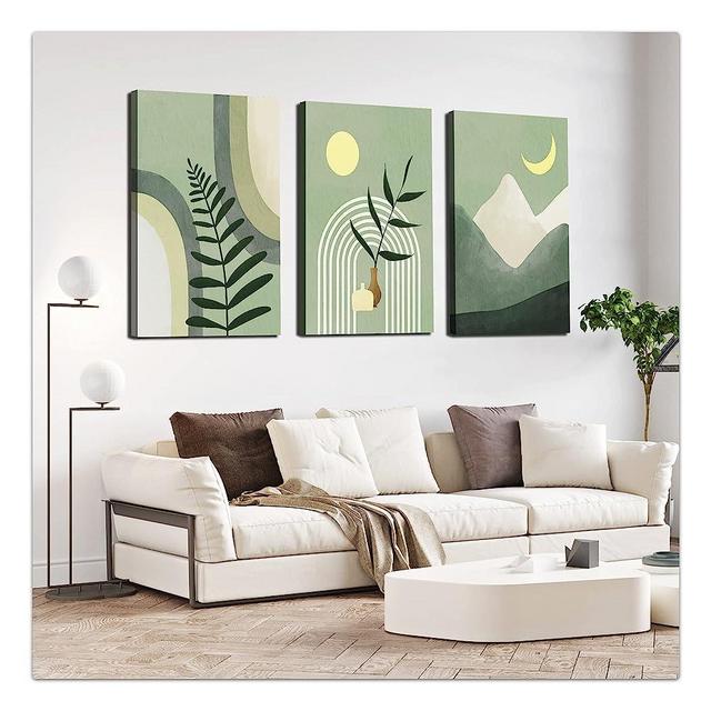 Gisipameis Boho Set of 3, Mid Century Modern Wall Art 16" x 24", Large Framed Canvas Green Beige Neutral Abstract Geometric Prints Room Posters for Living Room Bathroom Bedroom