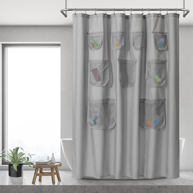 N&Y HOME Waterproof Fabric Shower Curtain or Liner with 9 Mesh Pockets - Gray, 71x72 Inches