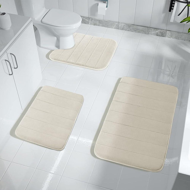 Yimobra 3 Pieces Memory Foam Bath Mat Sets, 31.5 x 19.8 + 17x24 and U-Shaped for Bathroom Rugs, Toilet Mats, Non-Slip, Soft Comfortable, Water Absorption, Machine Washable, Cream White