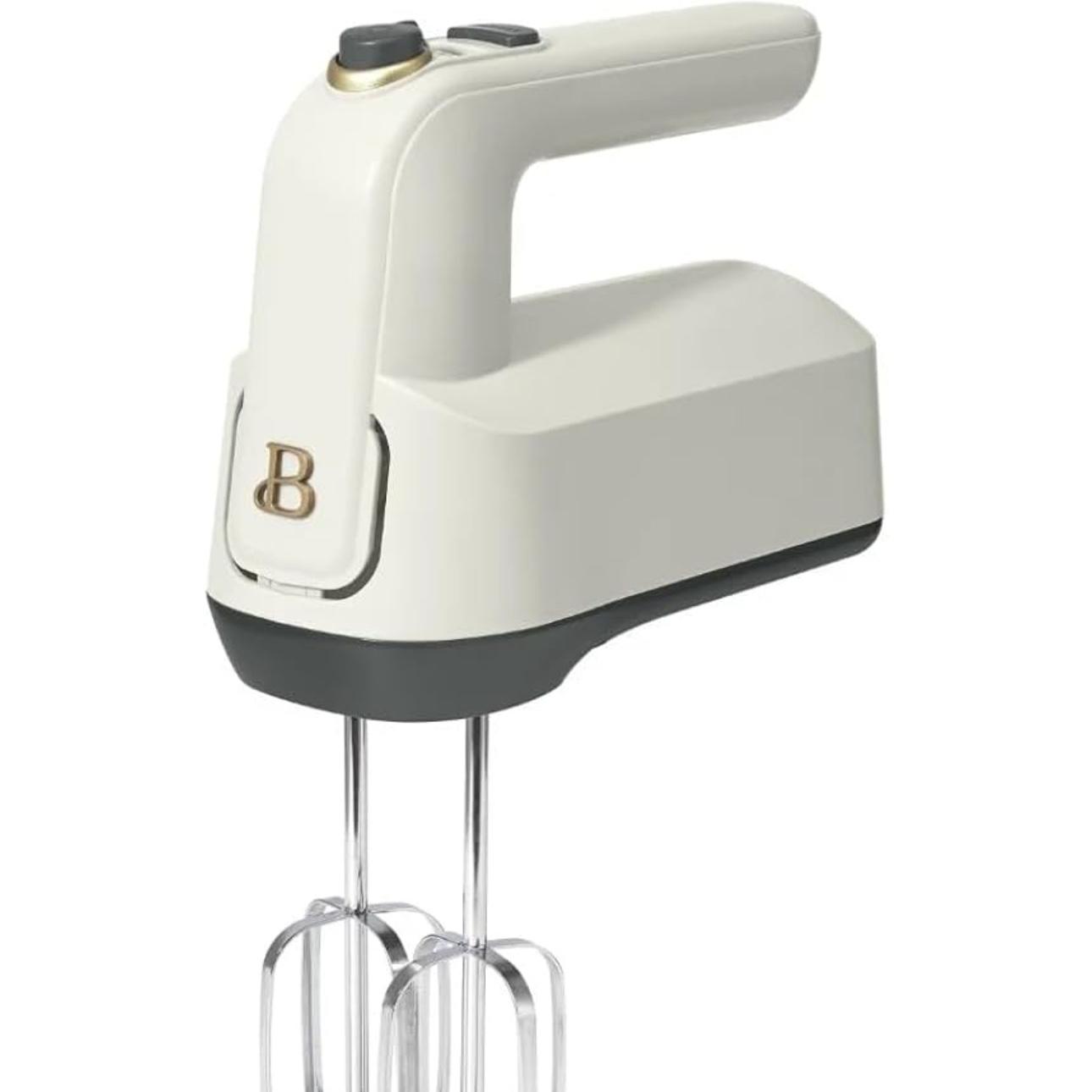 Beautiful 6-Speed Electric Hand Mixer with Turbo Function and Storage Case - Lightweight, Dishwasher Safe Parts, Corded Electric by Drew Barrymore (White Icing)