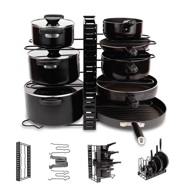 Homeries Pot Rack Organizer – 3 Method DIY Adjustable 8 Tier Pot Lid Holders & Pan Rack for Kitchen Counter, Cabinet, Pantry, Cupboard – Organizer for Cooking Pots, Frying Pans, Sauce Pans & Lids