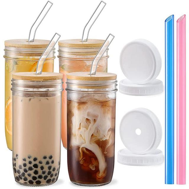 [ 4pcs Set ] Glass Cups with Bamboo Lids and Glass Straw & 2 Airtight Lids - 24oz Mason Jar Bubble Drinking Glasses, Cute Iced Coffee Glasses, Reusable Travel Tumbler Cup for Smoothie, Boba Tea, gift