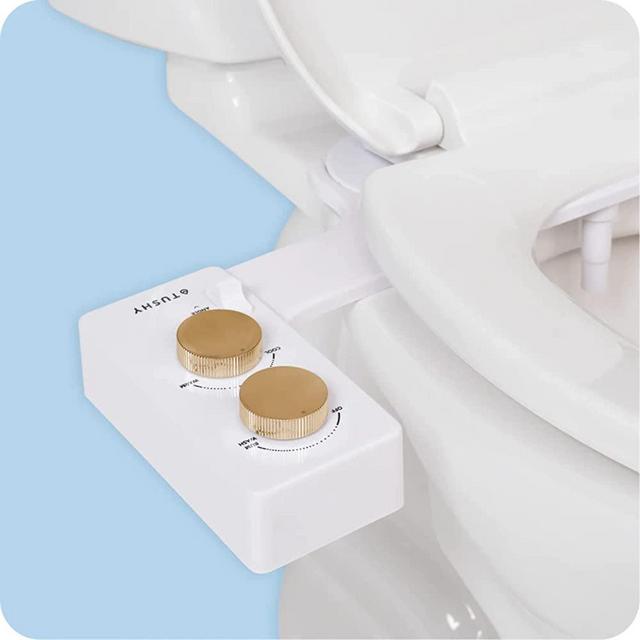 Tushy 3.0 Warm Water Spa Bidet Attachment | Self Cleaning Fresh Water Sprayer +Adjustable Pressure Nozzle, Angle Control, (Adjustable Cool to Warm Water Temperature Option), Royale (White/Gold)