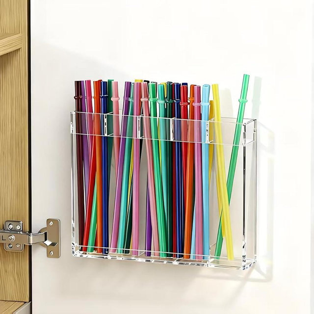 9.6” Large Acrylic Straw Holder for Cabinet Door - Reusable Tumbler Straw Organizer Storage, Super Strong Adhesive Cabinet Mount, Adjustable Kitchen Counter Accessory Container (Clear Version)