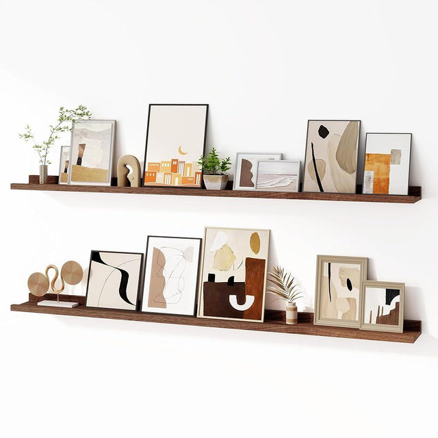 Fun Memories Picture Ledge Shelf, 60 Inch Floating Shelves Set of 2, Large Nursery Book Shelves for Toys Storage, Kids Bookshelf Wall Mounted for Wall Decor Books Photo Frames, Walnut