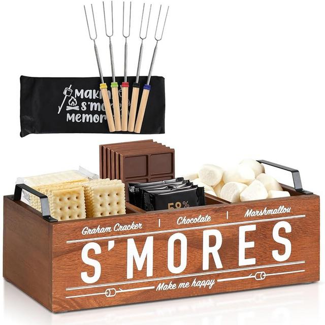 S'Mores Station, Farmhouse Smores Caddy with Handles, Smores Kit for Fire Pit Smores Maker Box, Smores Bar Station with 5Pcs Extendable Marshmallow Roasting Sticks, Camping Essentials Gear Accessories
