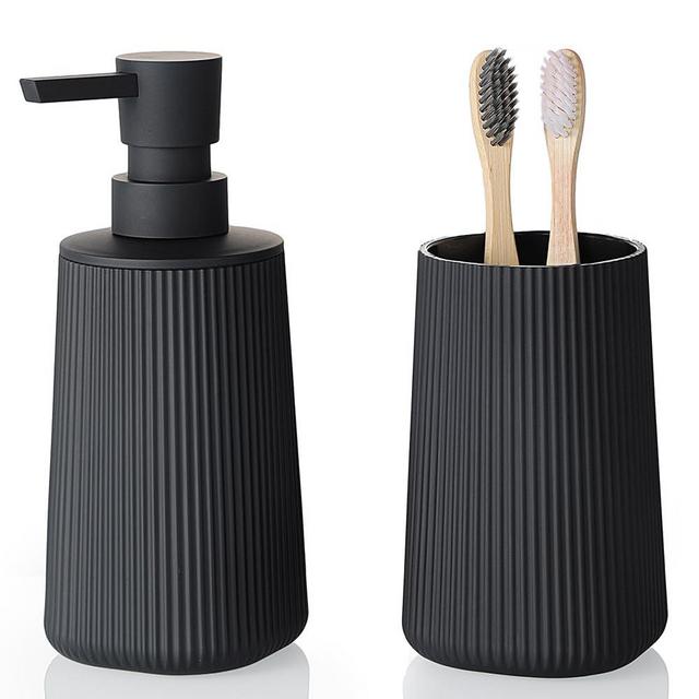 YAUKPH Bathroom Accessories 2 Piece Soap Dispenser and Toothbrush Holder Set Striped Black
