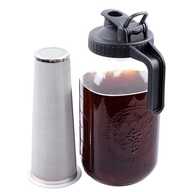 GMSWEET Cold Brew Mason Jar Coffee Maker 64 Oz Wide Mouth Mason Cold Brew Pitcher With Coffee Filter Airtight & Leak-Proof For Coffee, Iced Tea